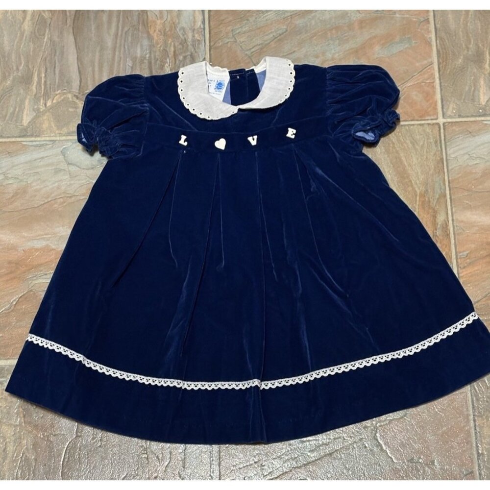 Vintage Lil Airess Size 4T Blue Velvet Holiday Dress Union Made USA ‘LOVE’